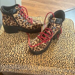 Skechers Leopard Ankle Boots with Vibrant Red Laces